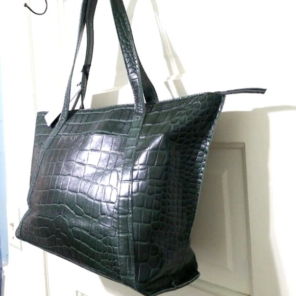 NEW Assots London AGNES Forest Green Croc 100% Leather Satchel Handbag Purse Zip - Picture 8 of 12